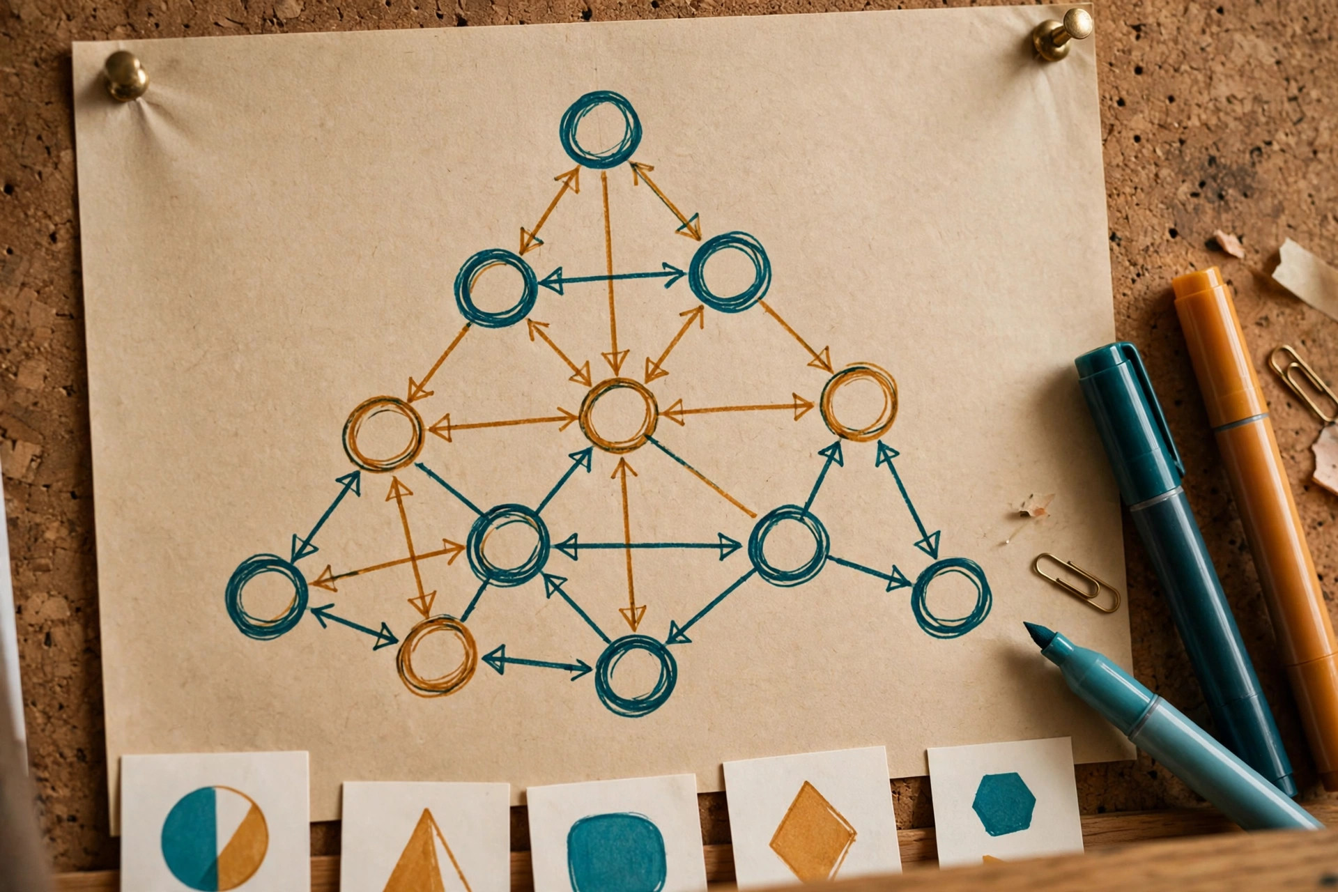 A service map drawn on paper, with nodes and dependency arrows in teal and amber